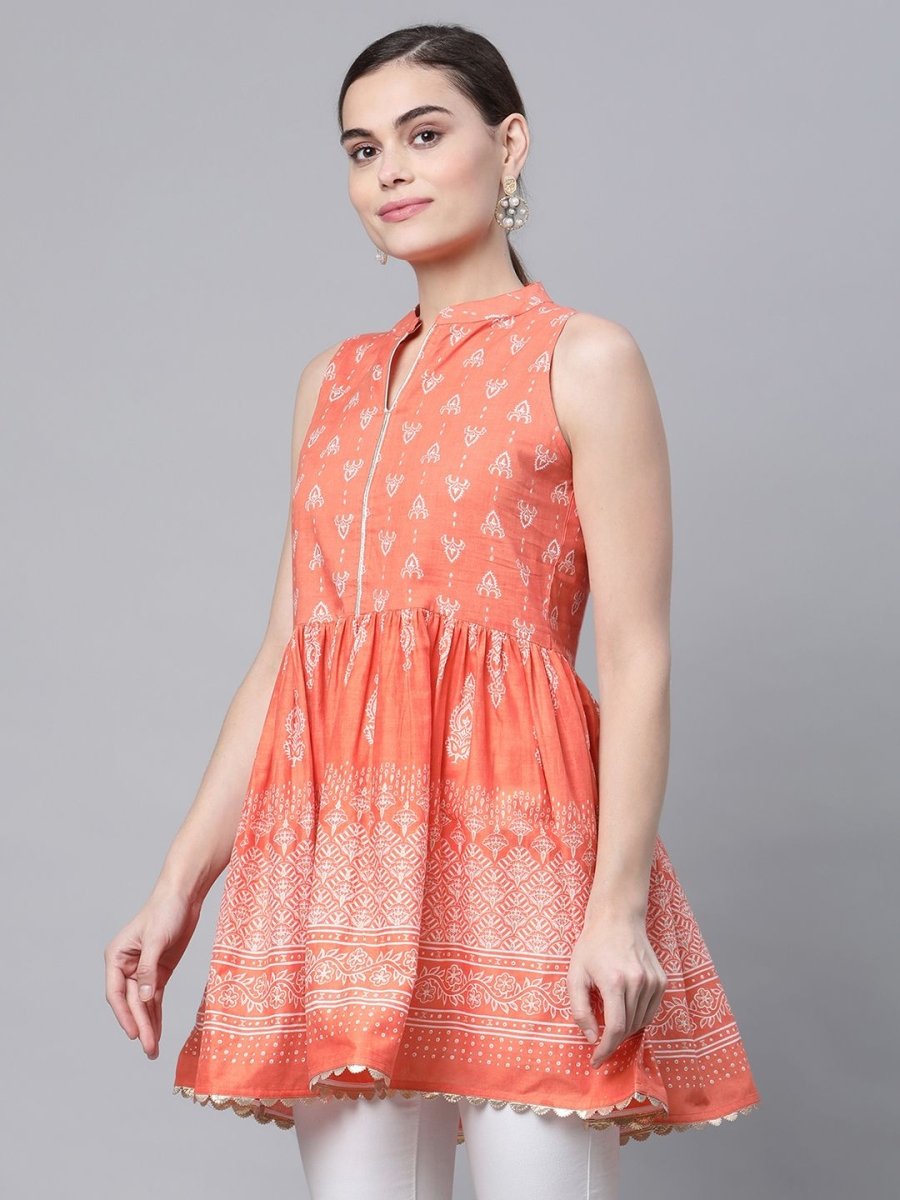Ahalyaa Women Orange Pure Cotton Porcian Print Tunic - Distacart