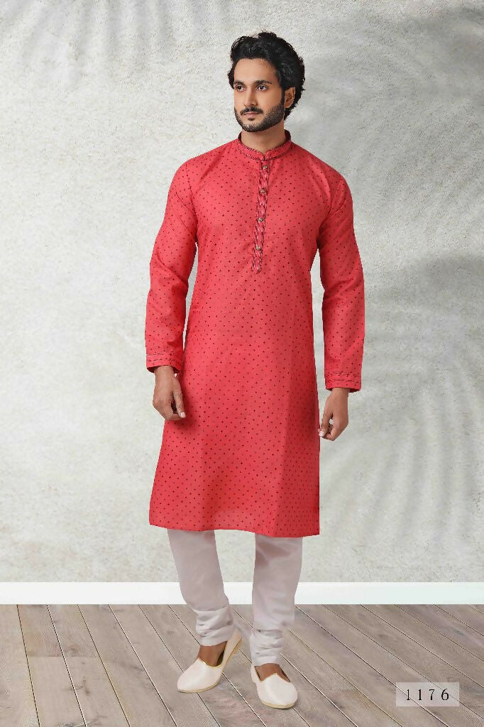 Raivat Ethnic Cotton Printed Work Kurta Pajama In Pink Colour