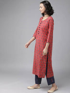 Yufta Women Red Pure Cotton Handblock Print Kurta with Trouser & Dupatta
