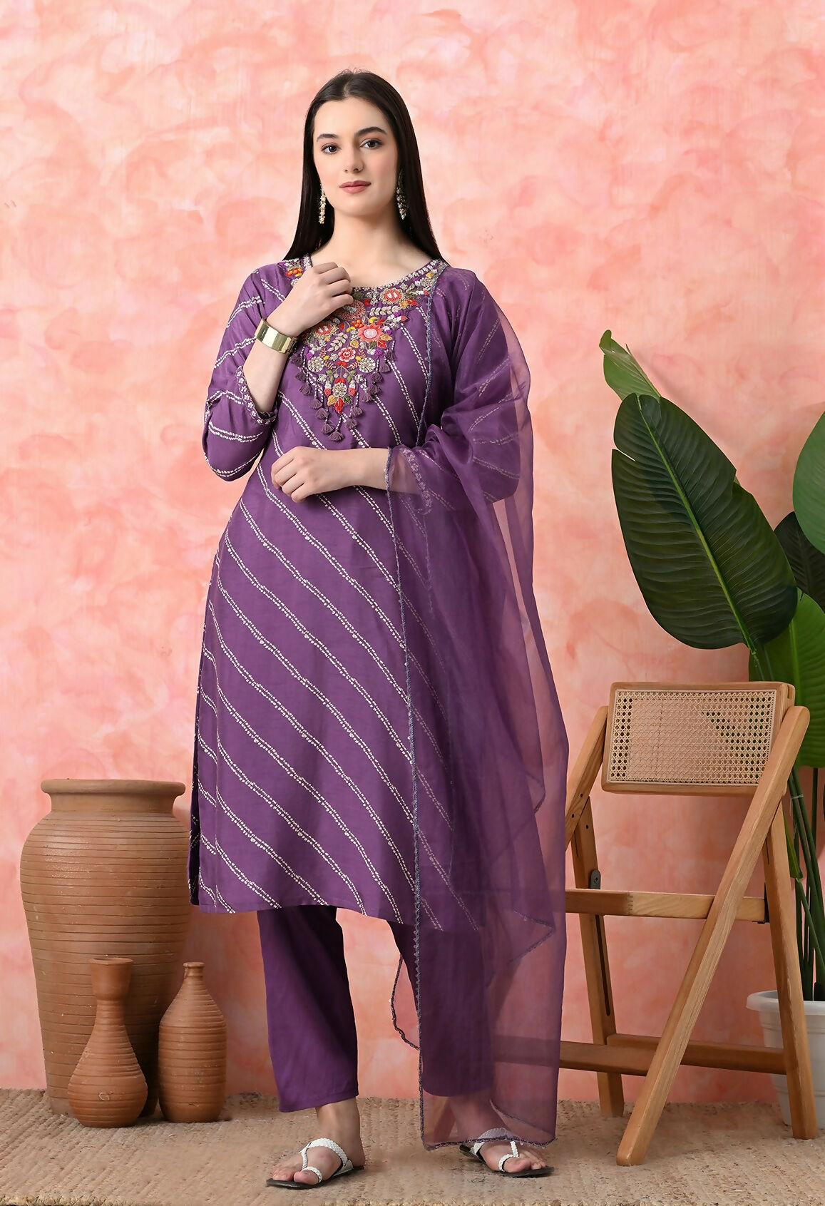 Joban Fashion Mauve Premium Pure Viscose Print Dola With Handwork Kurta Set