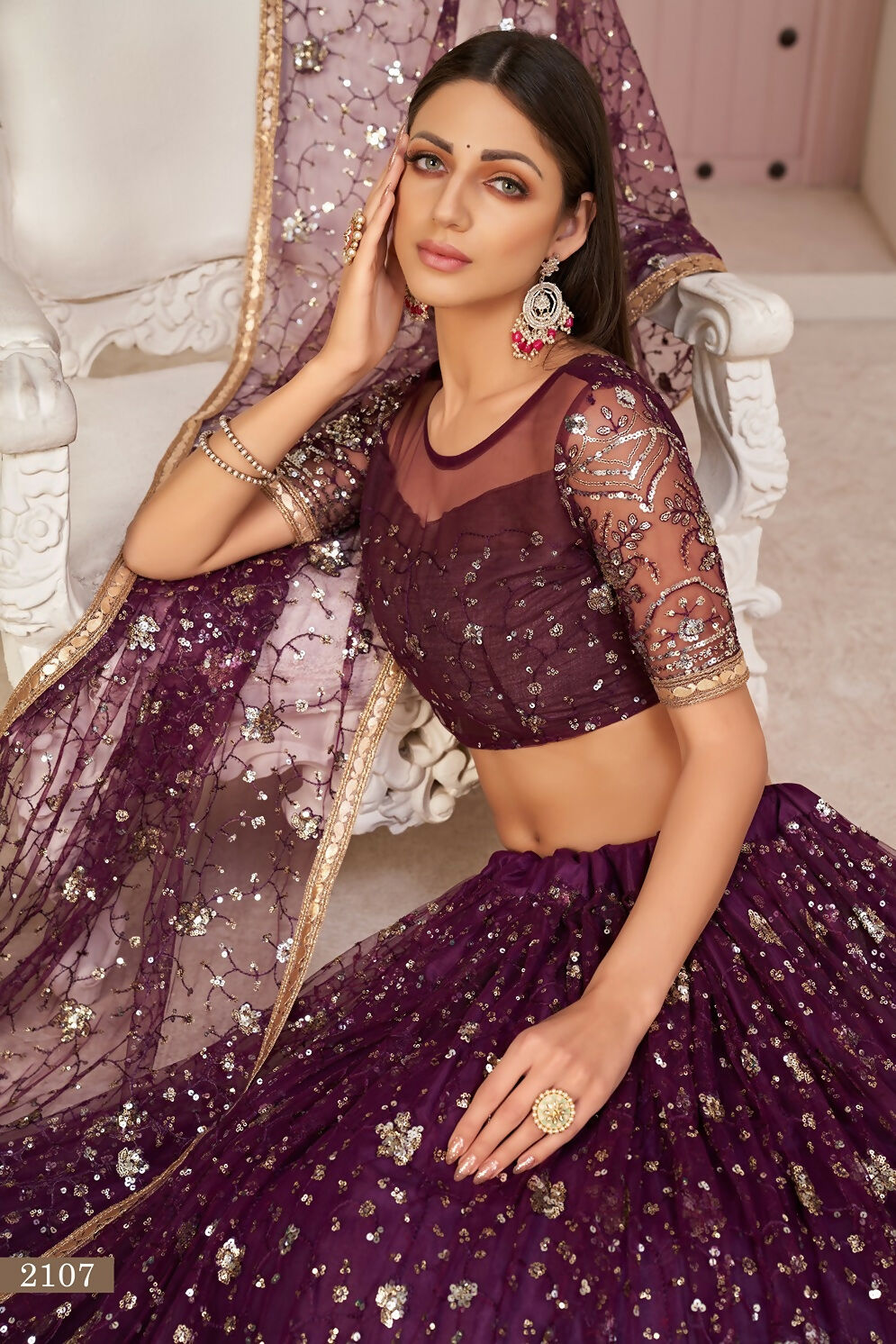 Eilara Women'S Wine Butterfly Net Thread With Zari Sandwich Sequence Embroidered Work Lehenga Choli For Festivals