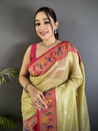 Joban Fashion Golden Beige Zari Weaving Tissue Paithani Saree