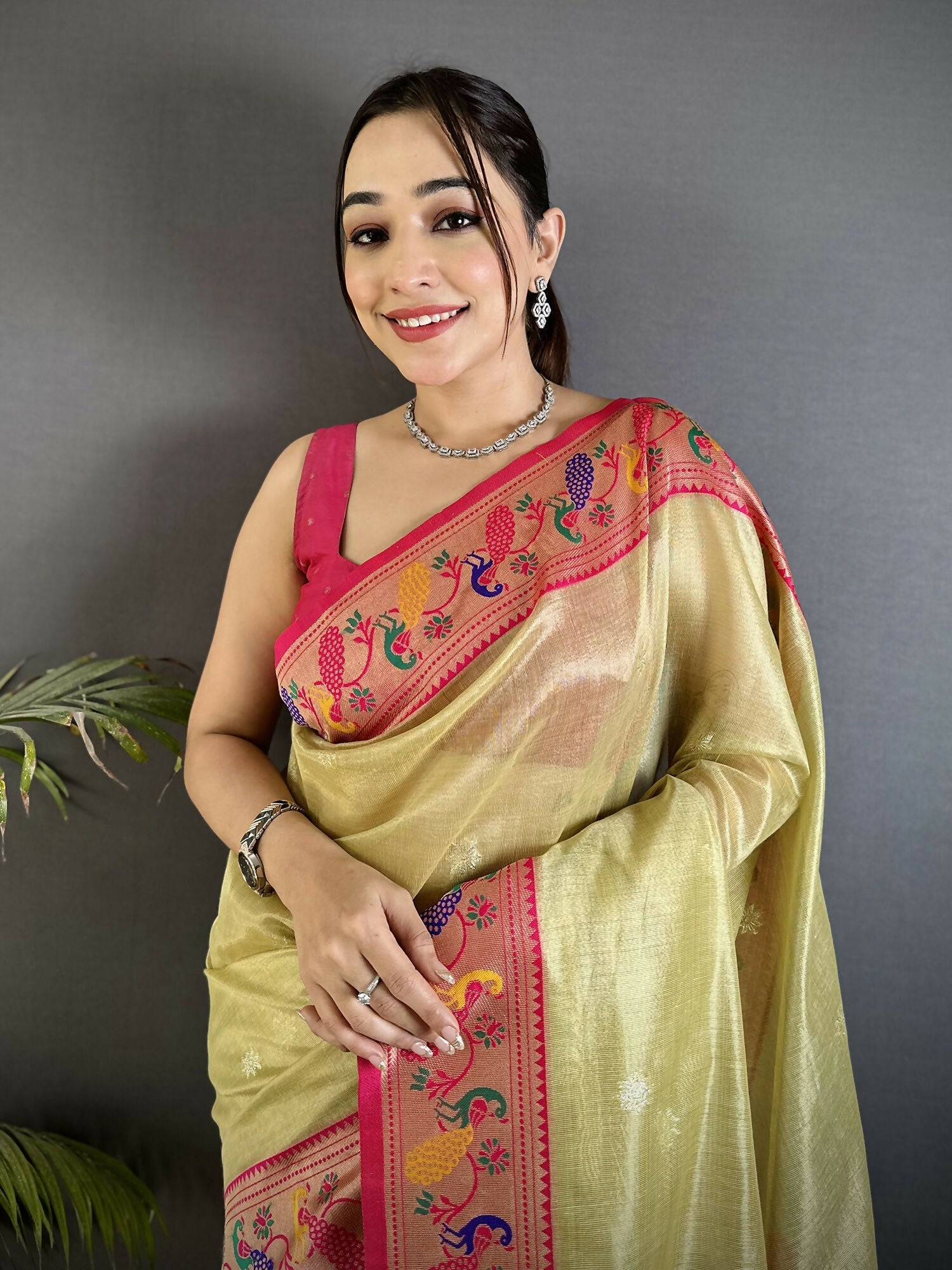 Joban Fashion Golden Beige Zari Weaving Tissue Paithani Saree