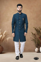 Joban Fashion Men's Blue Straight Silk Heavy Thread & Sequence Embroidery All Over Indo-Western Kurta Set