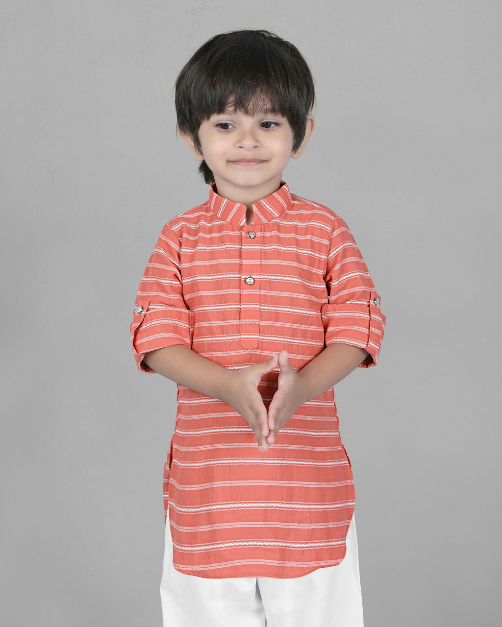 Joban Fashion Kids Island Cotton Full Sleeves Striped Kurta and Pyjama- Peach - Distacart