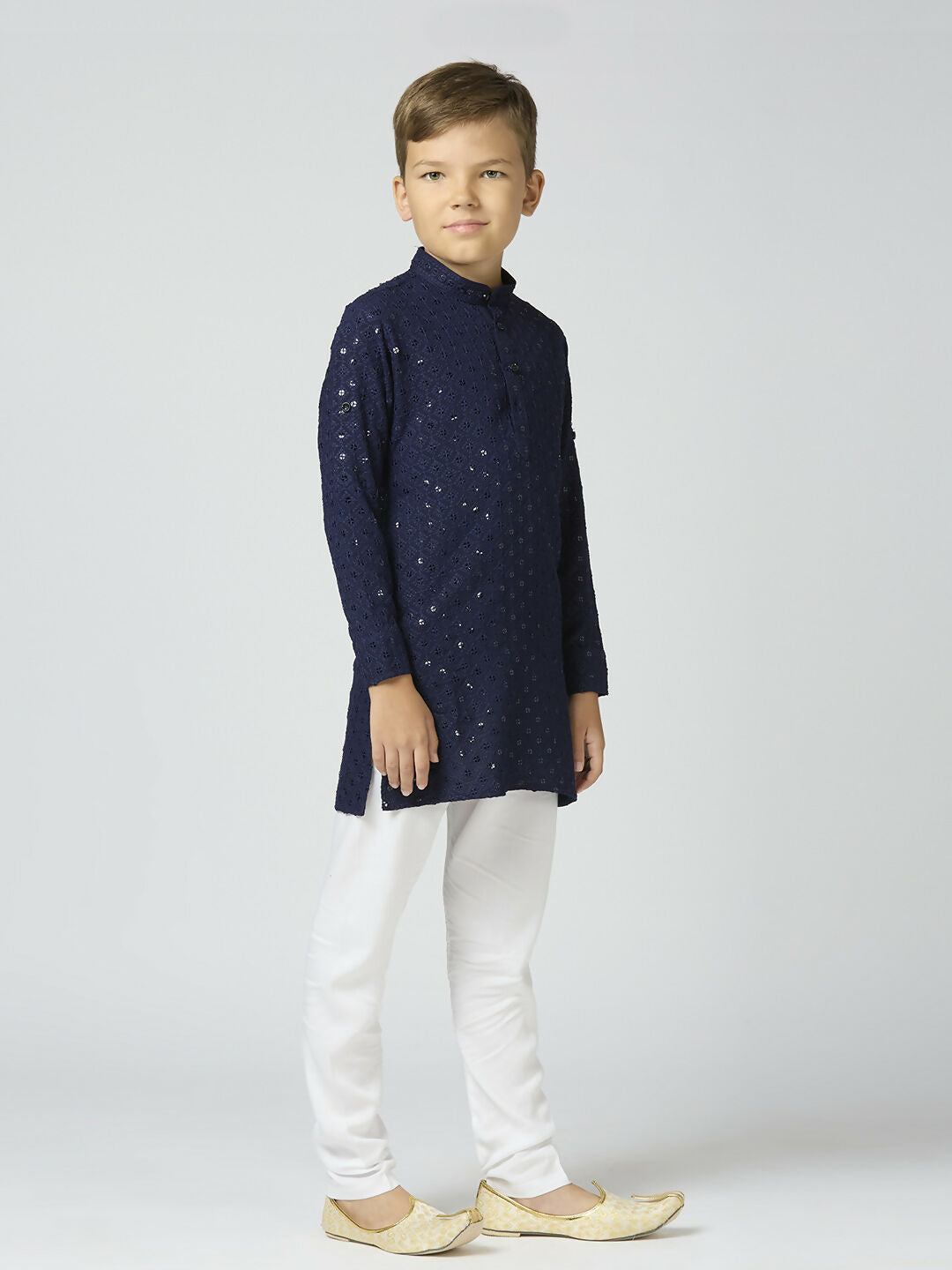 Joban Fashion Kids Island Full Sleeves Cotton Kurta and Pyjama Set with Sequin work - Navy Blue - Distacart