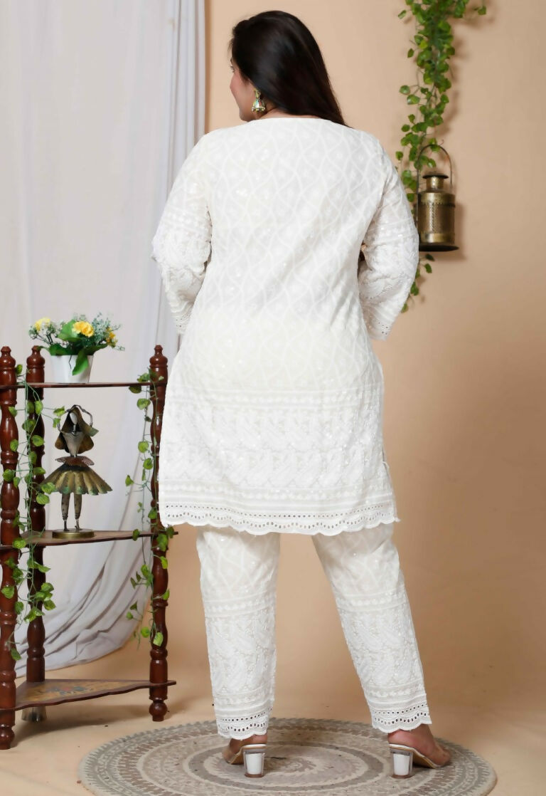 Miravan Women's Plus Size Beige Chikankari Thread Work Kurti With Palazzo