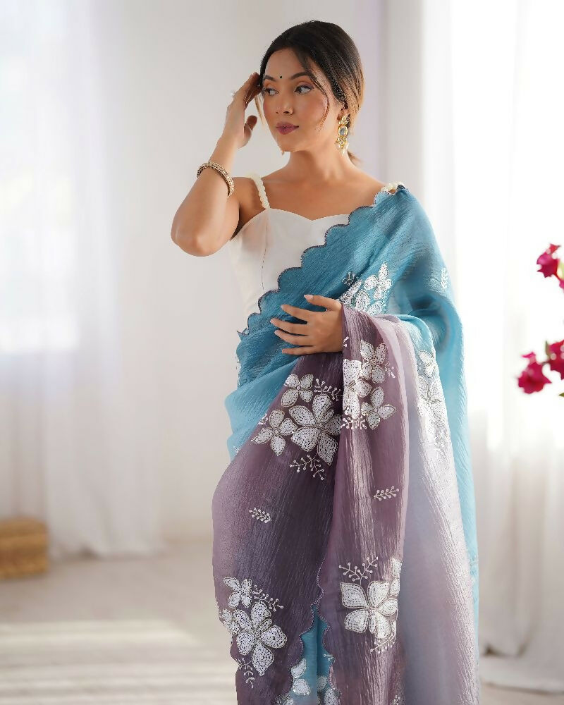 Sky Blue and Grey Crunchy Crush Pedding Color Embroidery Work Party Wear Saree - Zuleika