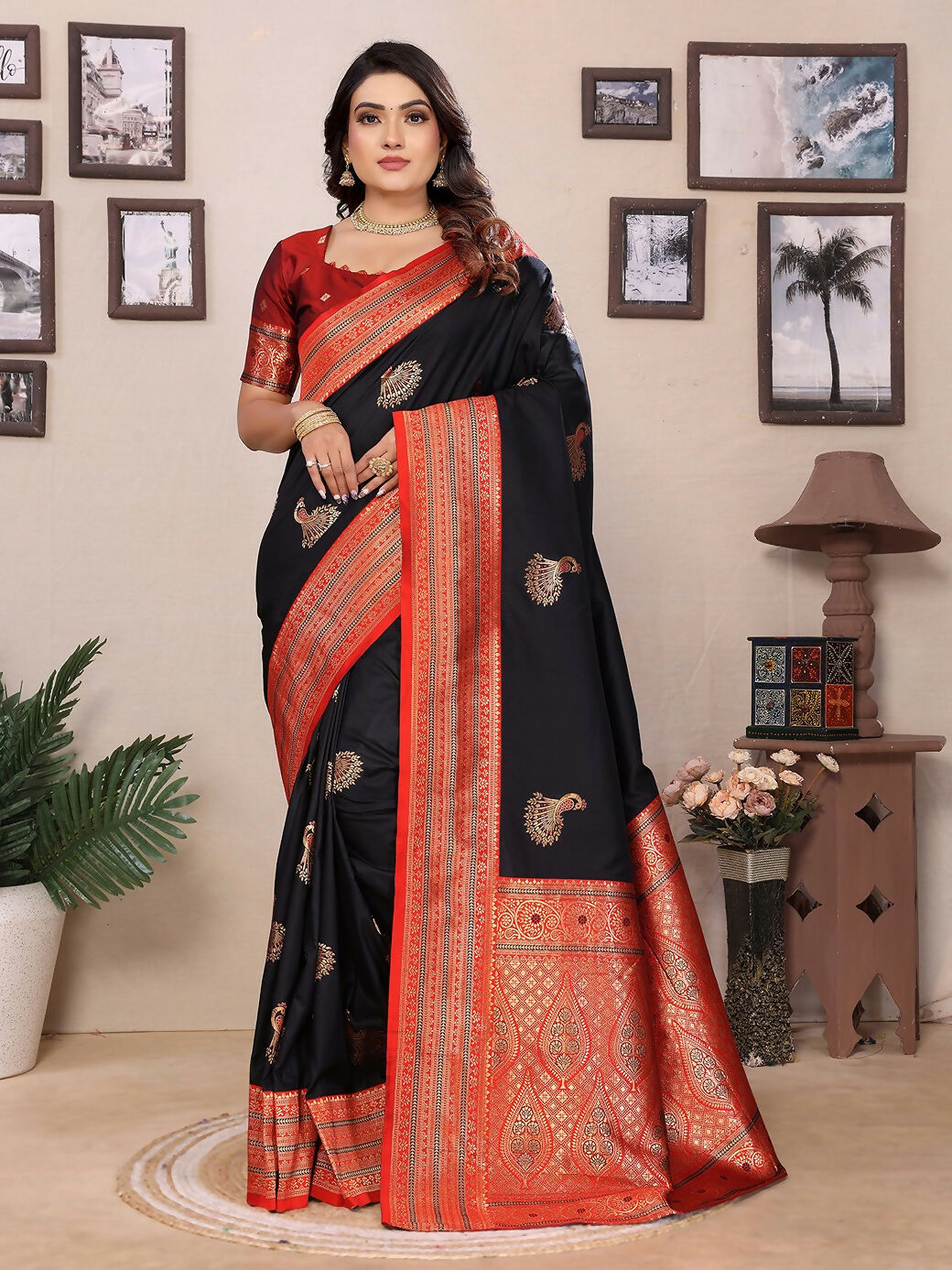 Joban Fashion Banarasi Black Small Butti Soft Silk Saree - Distacart