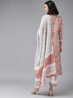 Yufta Peach Hand Block Printed Kurta with Trouser and Dupatta