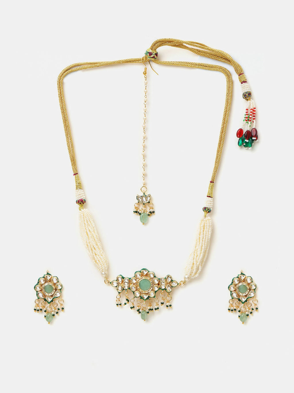 Ruby Raang Green-Gold Kundan Neck Piece With Matching Earrings And Maang Tikka - Distacart