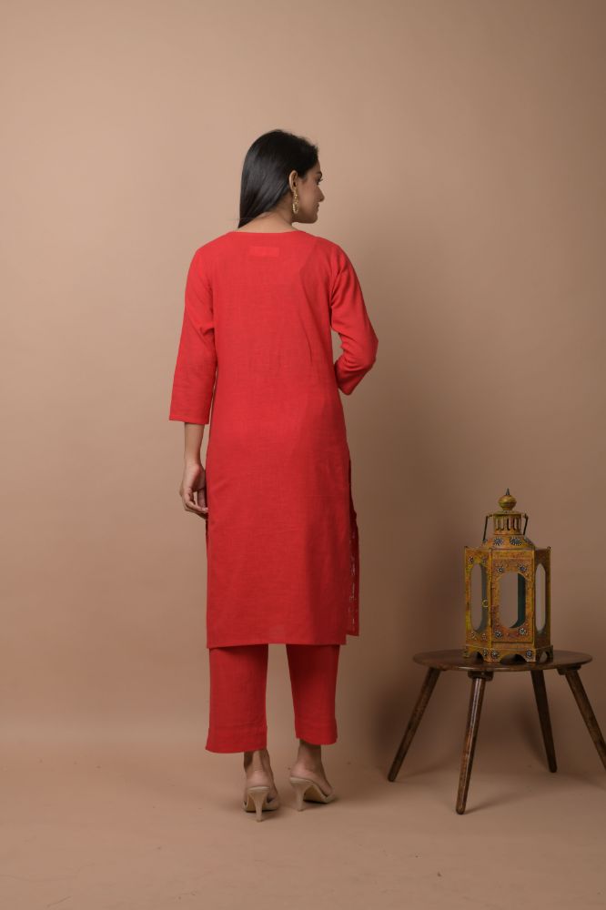 Kaajh Women's Red Solid Sequins Embellished Kurta Pant Set - Distacart