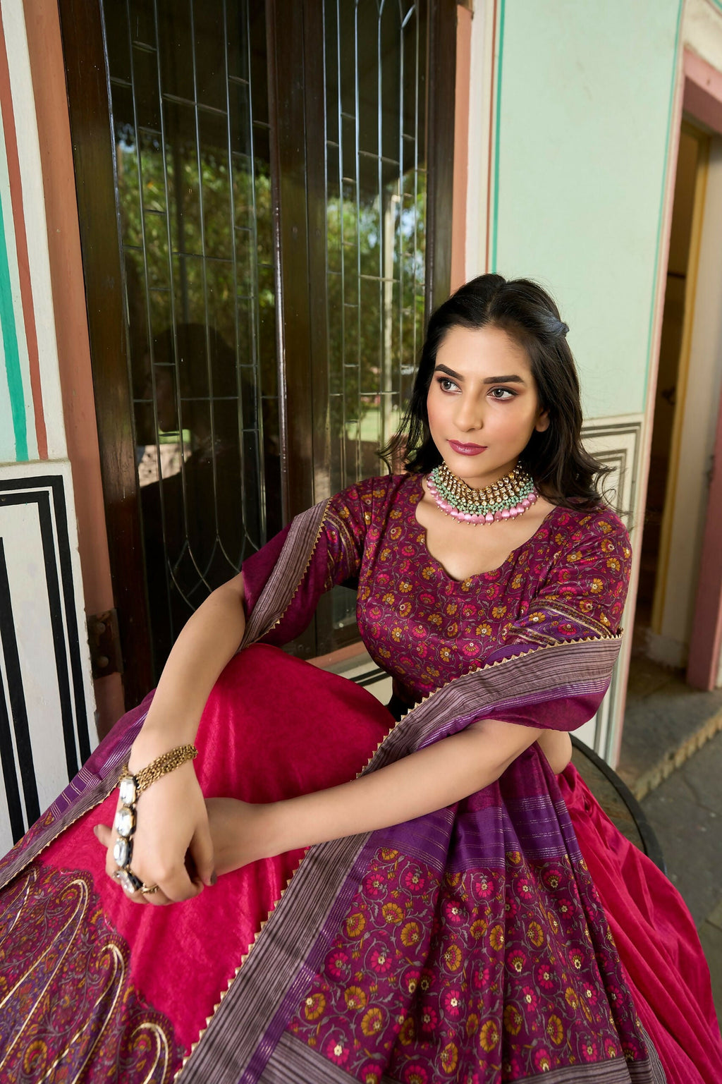 Vastranavya Kashmiri Print With Foil Print Lehenga With Unstitched Printed Blouse - Pink