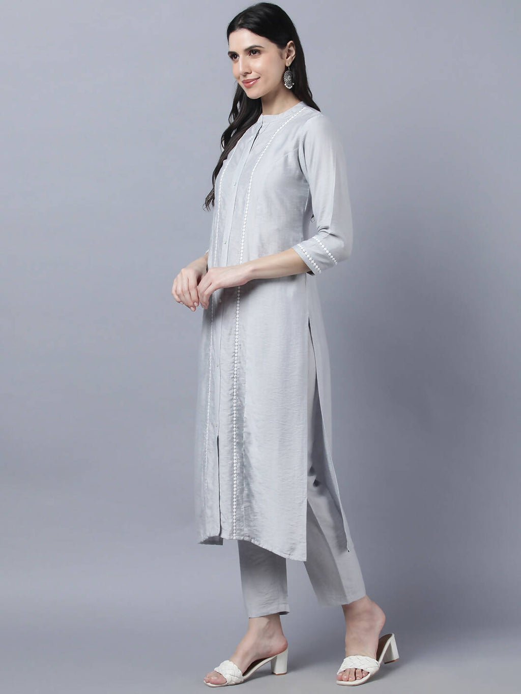 Myshka Stylish Grey Viscose 3/4 Sleeve Women's Kurta Pant Set - Distacart