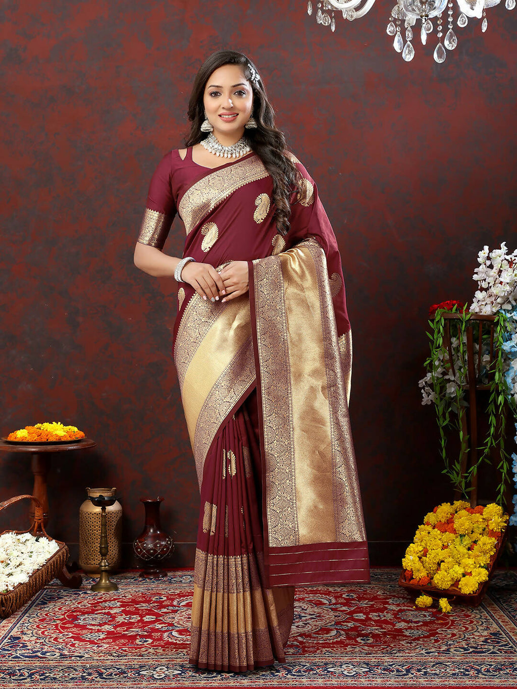 Lorenvalley Fashion Maroon Soft Silk Woven Design Gold Zari Weaving Saree