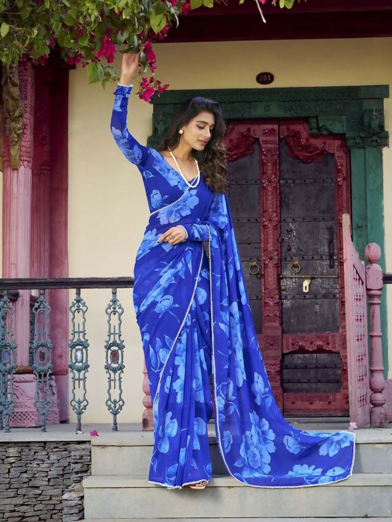Vastranavya Blue Chiffon Floral Printed & Pearl Lace Border Saree with Unstitched Blouse
