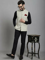 Even Apparels Self-Design Waistcoat With Welt Pockets - Beige