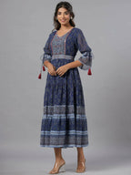 Juniper Women Navy Blue Georgette Geometric Printed Tiered Maxi Dress - Distacart