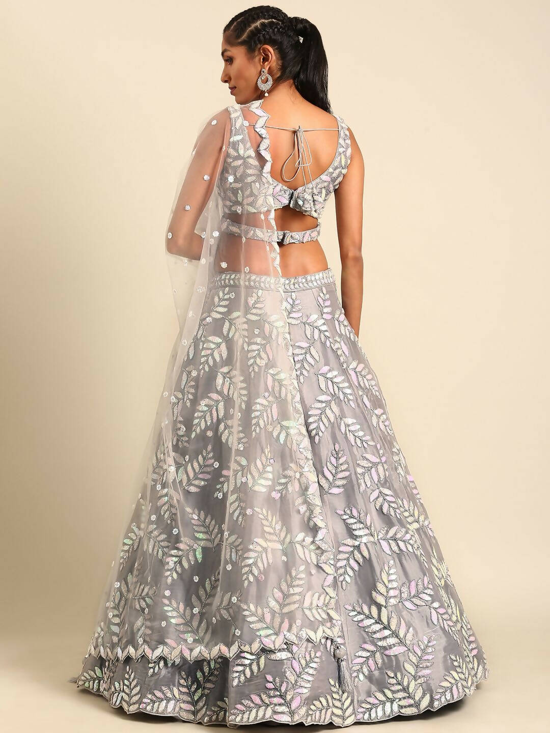 House of Panchhi Grey Organza Sequins & Zarkan embroidery Lehenga choli & Dupatta