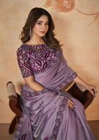 Purple Crepe Satin Silk Sequence & Cord Embroidered with Stone Work Saree - Mohmanthan Dakshika - Distacart