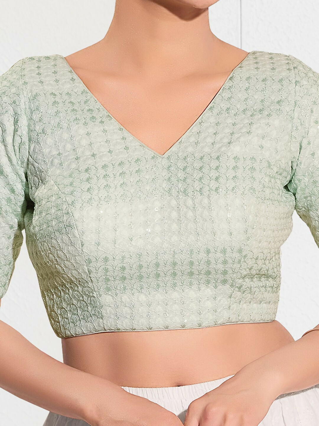 Joban Fashion Pista Green Crochet Padded Blouse With V Neck Elbow Sleeves - Distacart