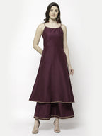 Myshka Marron Silk Blend Solid Sleeveless Round Neck Kurta Palazzo Dupatta Set