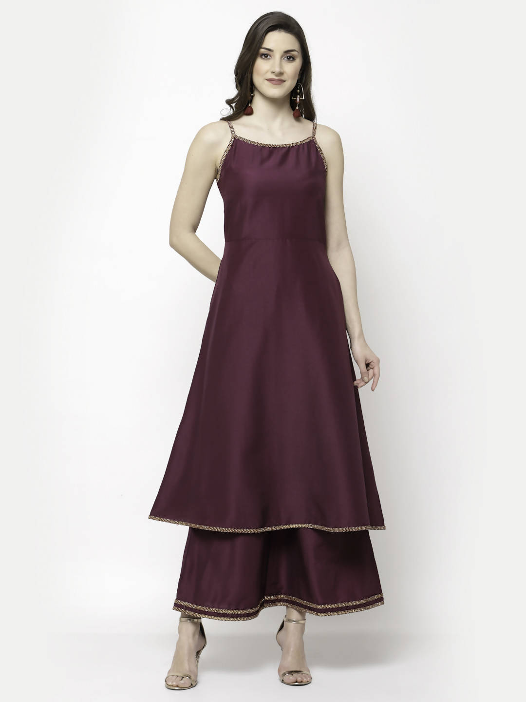 Myshka Marron Silk Blend Solid Sleeveless Round Neck Kurta Palazzo Dupatta Set