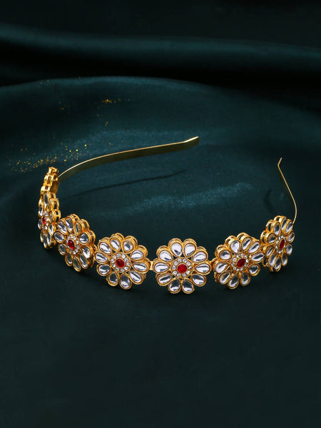 NVR Women's Rajputi Gold-Polished Kundan Matha Patti Hairband