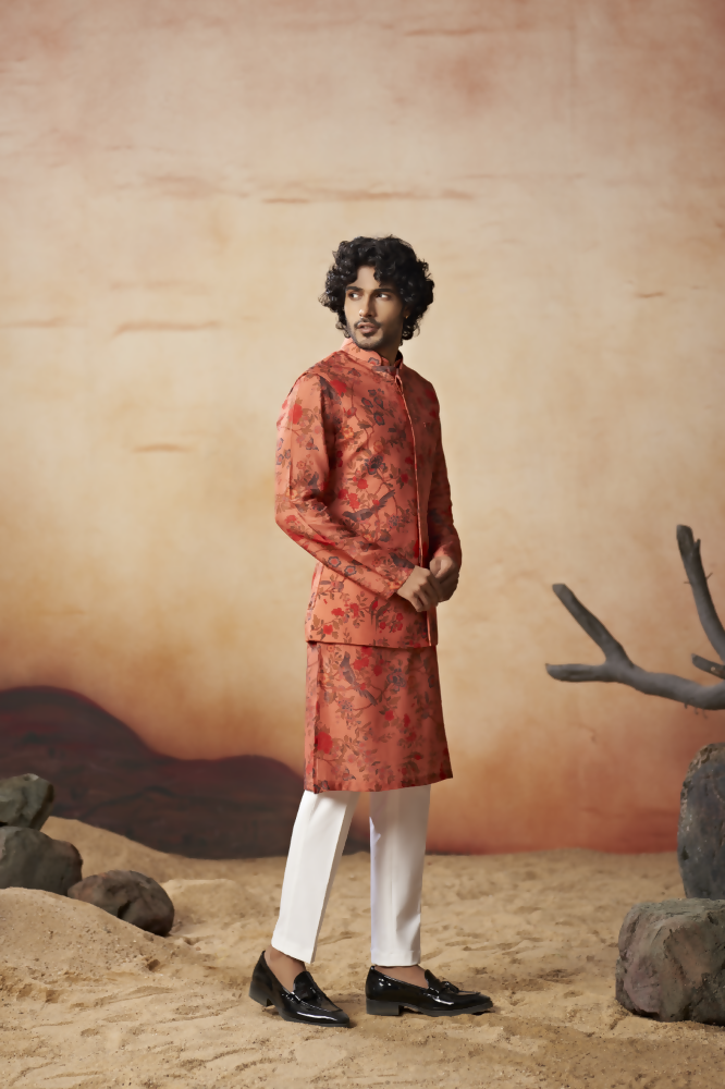 Floral Jal Print Silk Nehru Jacket Set by Hilo Design