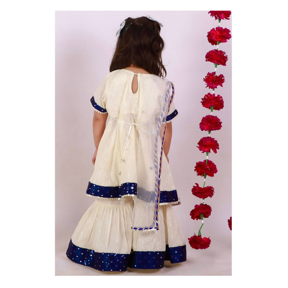 Little Bansi Girls Cream & Indigo Mirror work Kurta Frock with Sharara & Dupatta