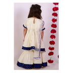 Little Bansi Girls Cream & Indigo Mirror work Kurta Frock with Sharara & Dupatta