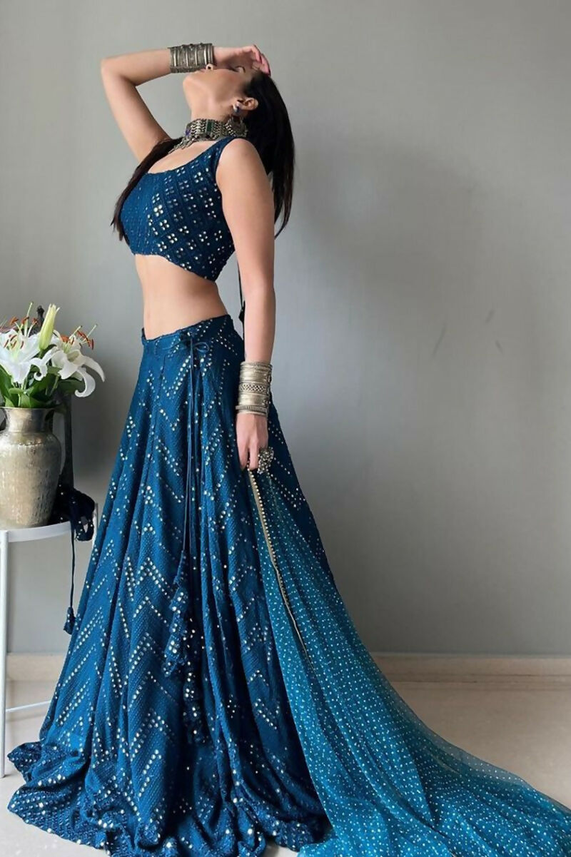 Jyoti Fashion Blue Thread Embroidery Georgette Designer Lehenga Choli with Dupatta