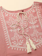 Peach Chinon Slub Floral Embroidered Top - Zeny