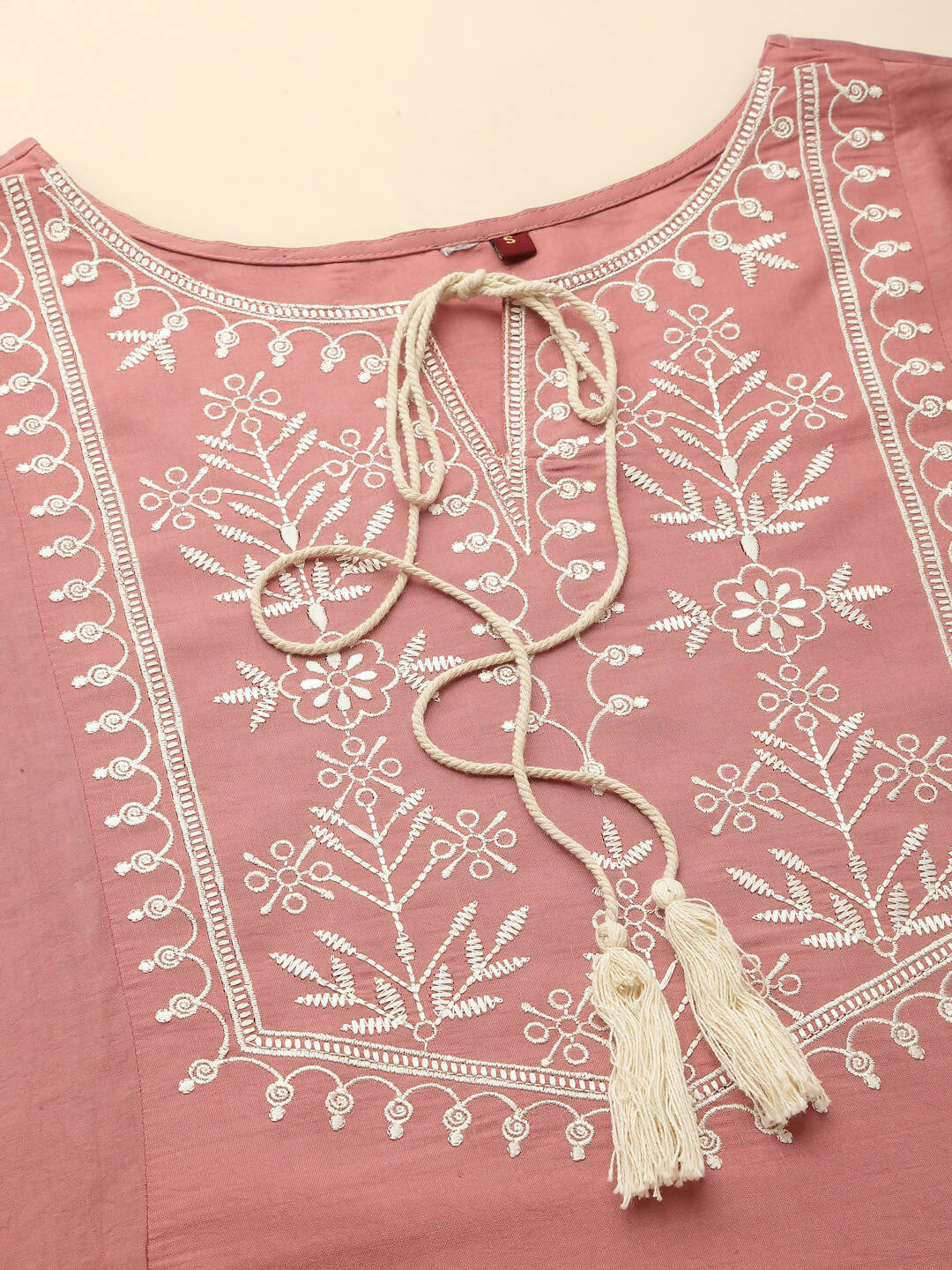 Peach Chinon Slub Floral Embroidered Top - Zeny
