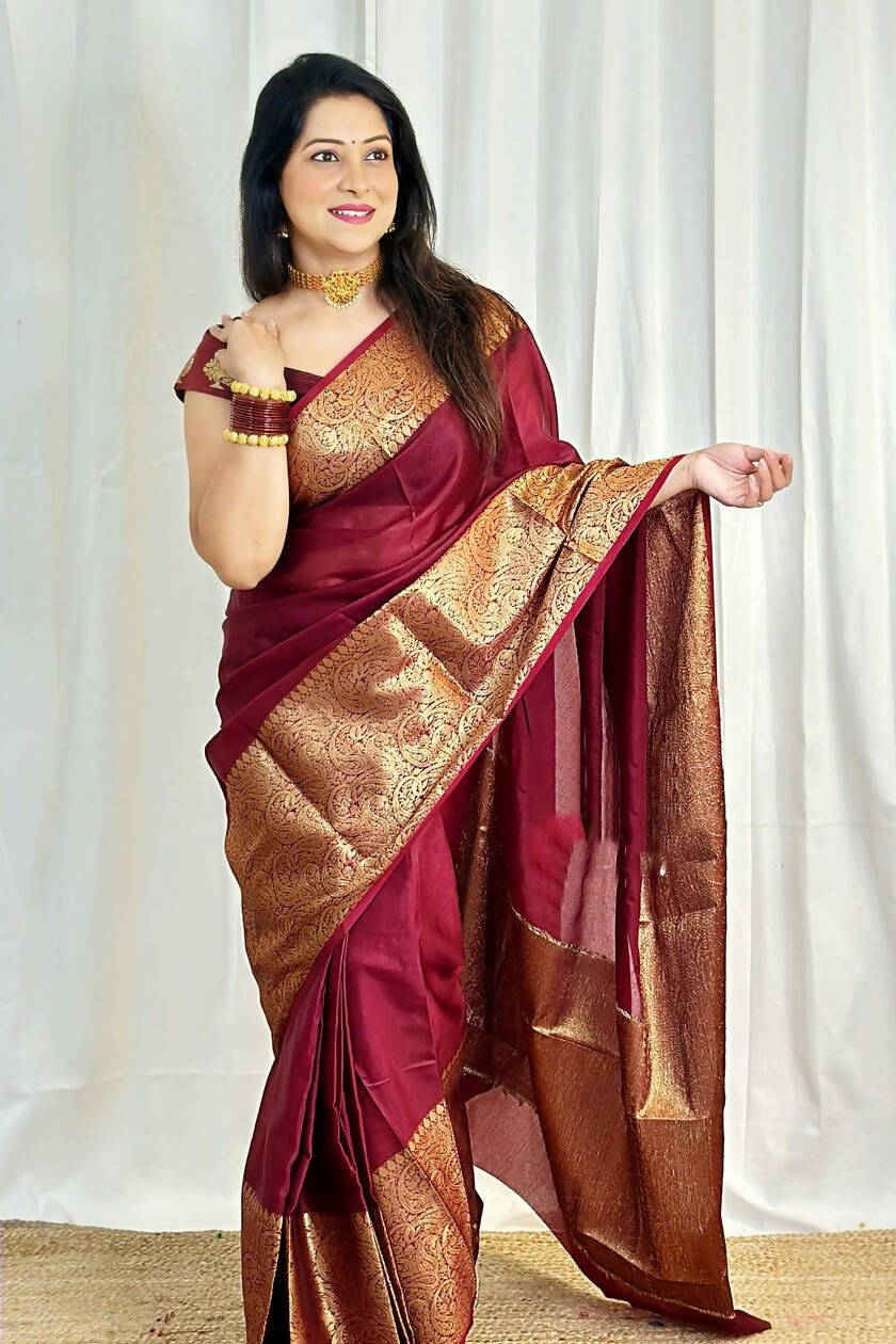 DEIANA'S Beautiful Designer Golden zari Soft Lichi Silk Saree - Maroon