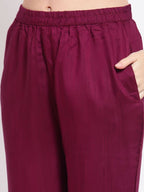 Myshka Women's Burgandy Solid Cotton Half Sleeve V Neck Casual Kurta Pant Dupatta Set
