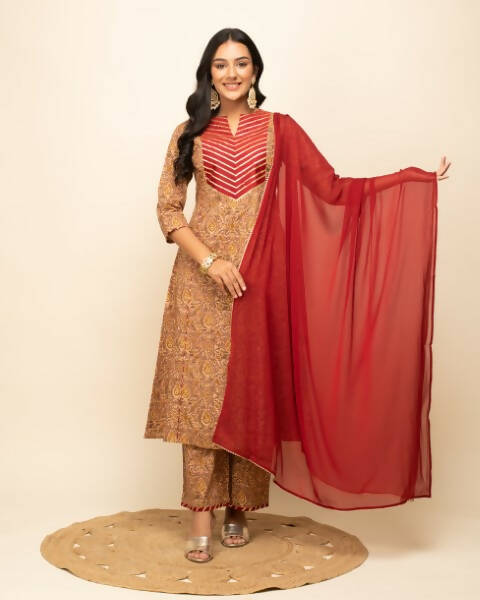 FIORRA Women's Brown Cotton A-Line Kurta Pant With Dupatta