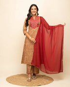 FIORRA Women's Brown Cotton A-Line Kurta Pant With Dupatta