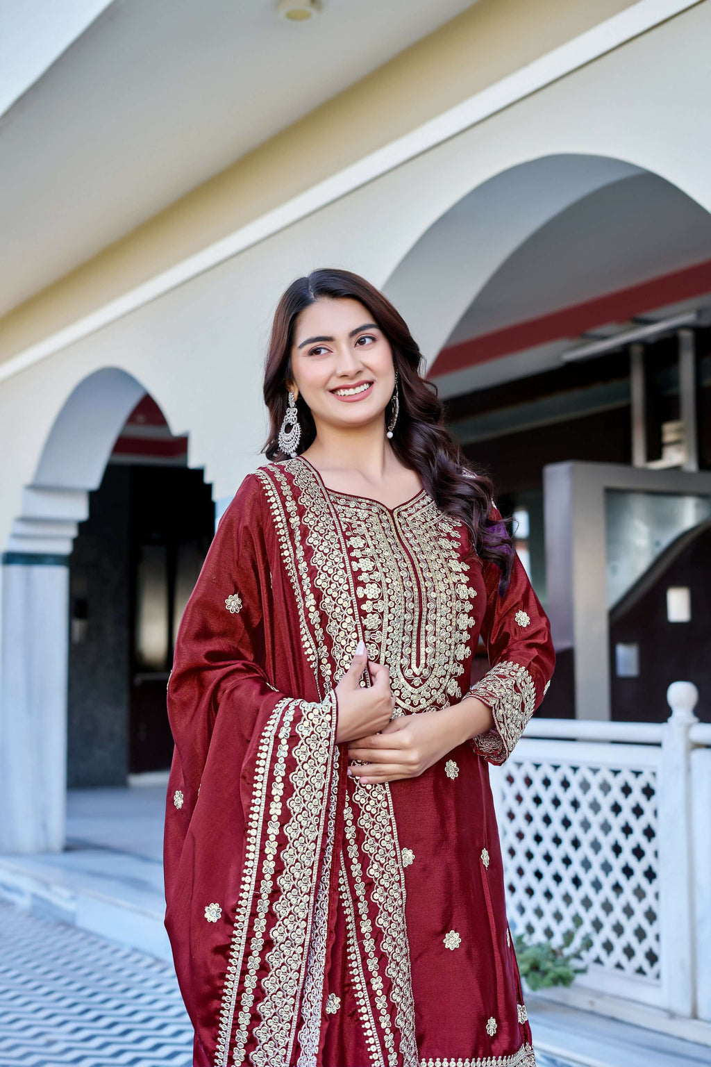 Teeya Creation Maroon Color Chinon Silk Heavy Embroidery Work Wedding Wear Sharara - Distacart
