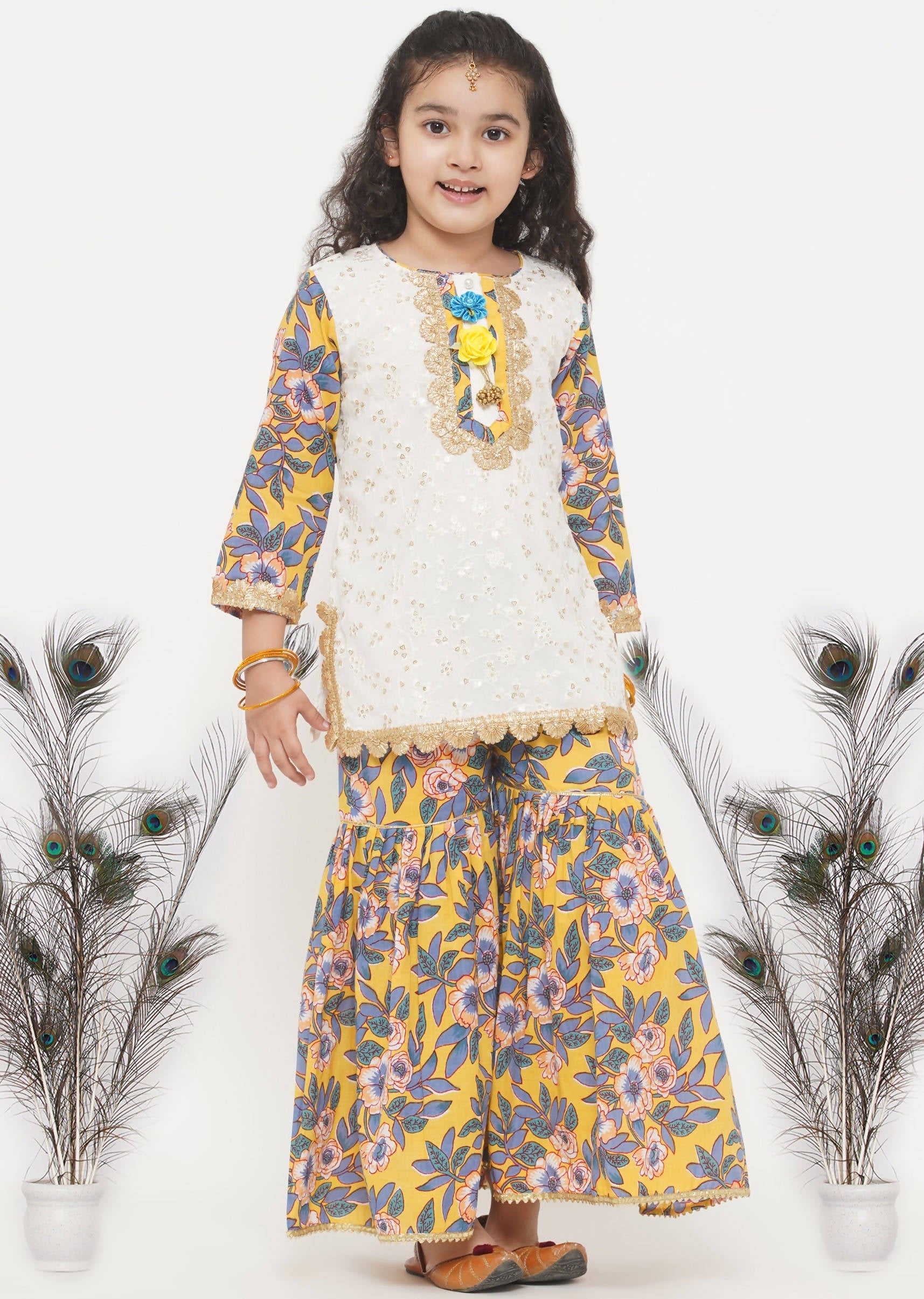 Little Bansi Girls Cotton Embroidery Kurta with Floral Sharara & Dupatta - White & Yellow