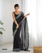 Georgette Designer Sequance Embroidery Work Party Wear Saree - Black