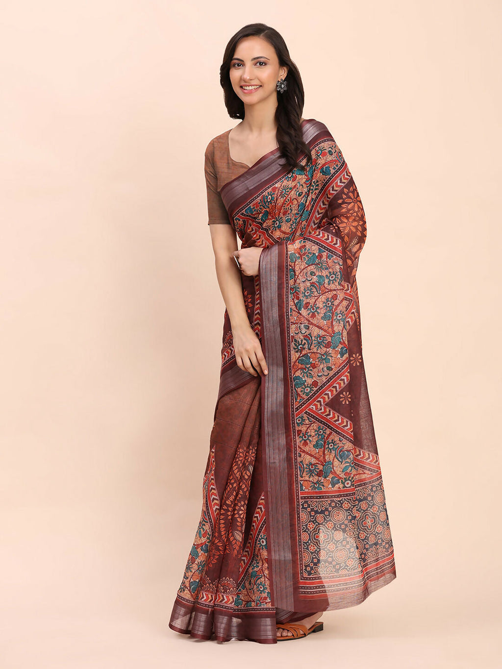 Shree Shyam Fashion Linen Cotton Brown Saree - Distacart