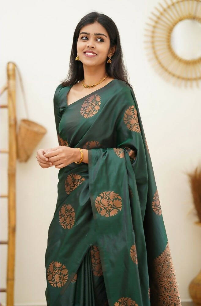 DEIANA'S Beautiful Designer Golden zari Soft Lichi Silk Saree - Green