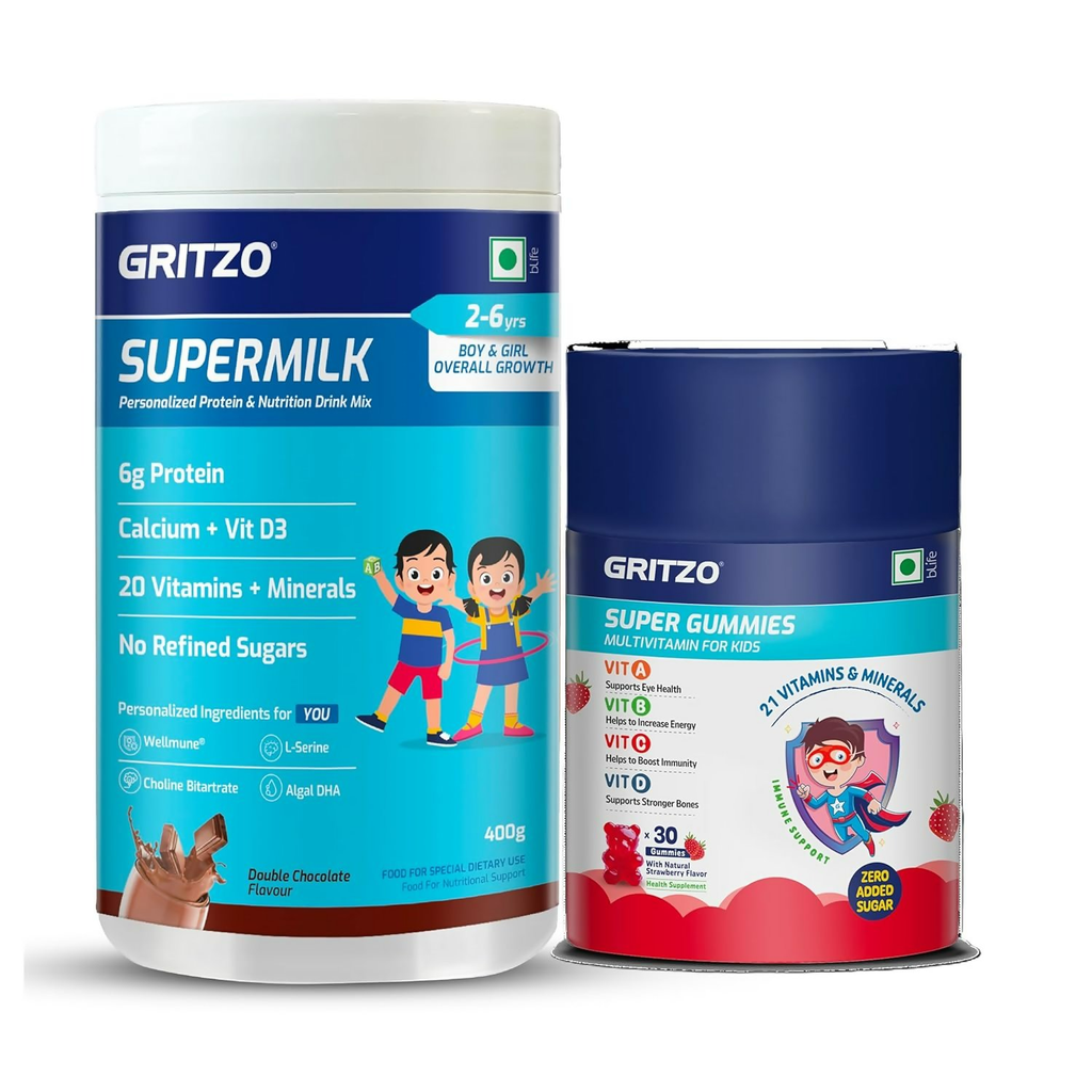 Gritzo SuperMilk Overall Growth (2-6y Boy & Girl) (Double Chocolate) with Super Gummies (Strawberry)