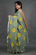 Exclusive Collection Light Pista Pure Cotton Saree With Sunflower Design - Distacart