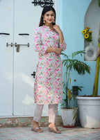 Kaajh Woman's Pink Printed Cotton Kurta Pant Set - Distacart