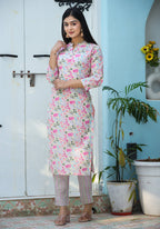 Kaajh Woman's Pink Printed Cotton Kurta Pant Set - Distacart
