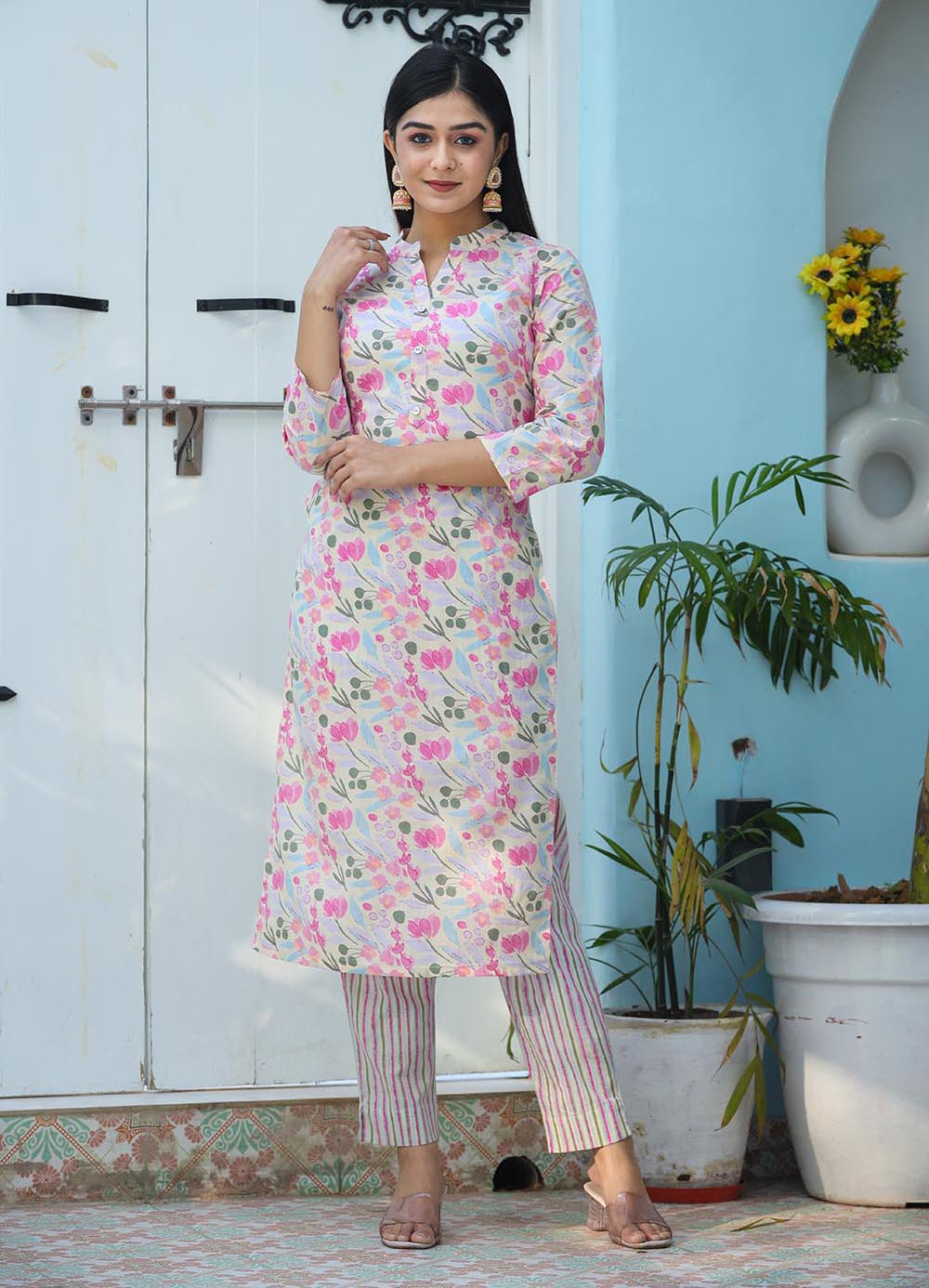 Kaajh Woman's Pink Printed Cotton Kurta Pant Set - Distacart