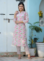 Kaajh Woman's Pink Printed Cotton Kurta Pant Set - Distacart