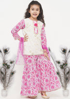 Little Bansi Girls Cotton Embroidery Kurta with Floral Sharara with Dupatta - White & Pink
